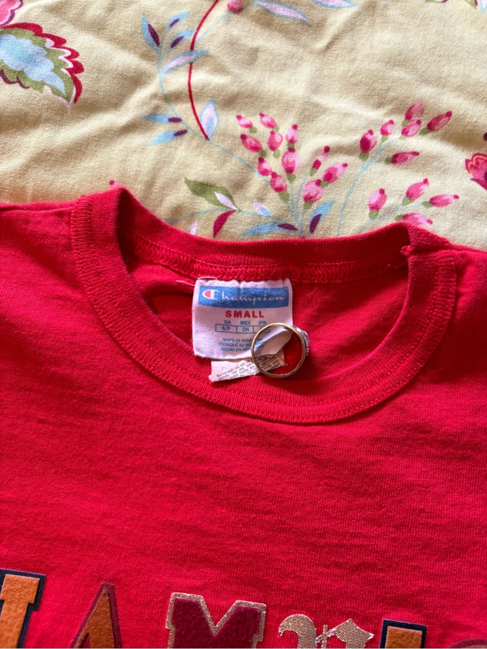 Champion Y2K chenille felt raised lettering red tee men’s small 26x17 EUC - Picture 4 of 7